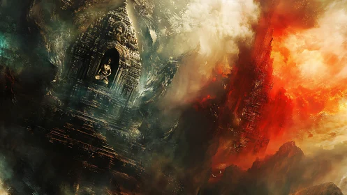 Temple sanctuary in apocalyptic clouds and molten firestorm.