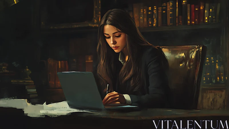 Businesswoman Working Late at Night Office Desk.