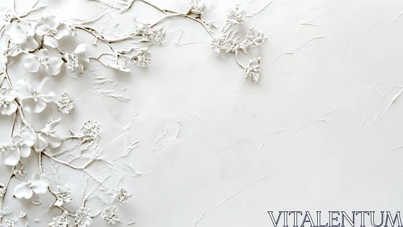 White floral relief on textured plaster background surface.