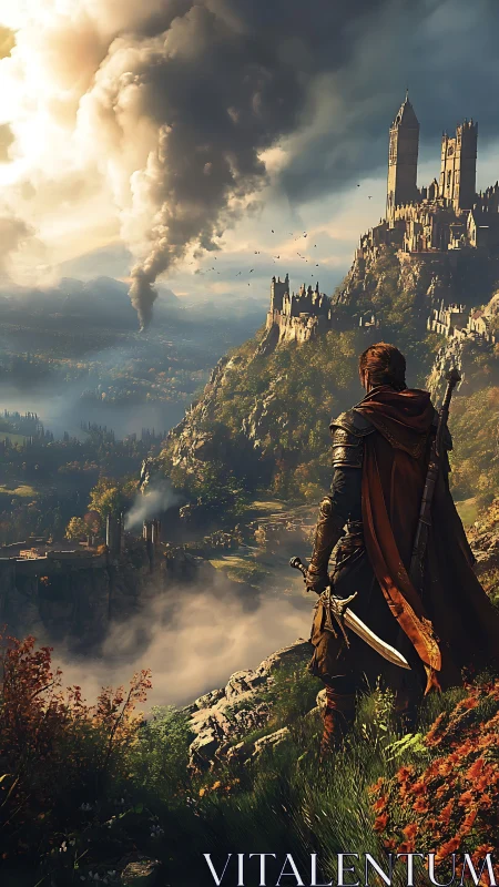 Lone warrior overlooking burning fantasy cliffside citadel.