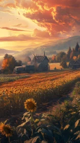 Sunflower rows under ember clouds and a drowsy farmstead.