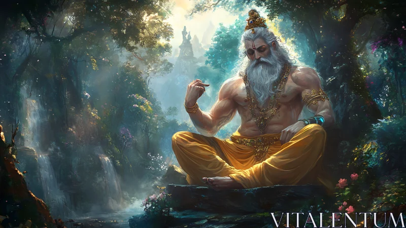 Forest sage at sunrise in serene golden meditation.