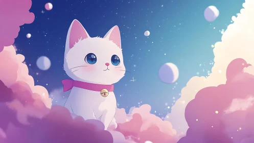 White cartoon cat sits in pink clouds under starry sky