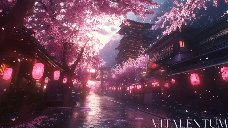 Cherry blossom street illuminates traditional pagoda at dusk