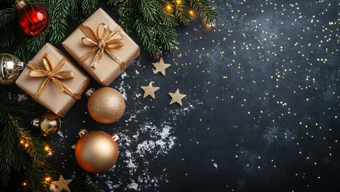 Gold Christmas gifts and baubles on dark festive background.