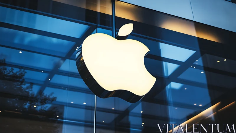 Illuminated apple-shaped logo hangs before glass facade
