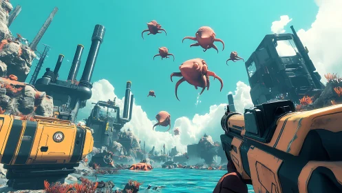 Skyborne alien cephalopods drift above embattled outpost.