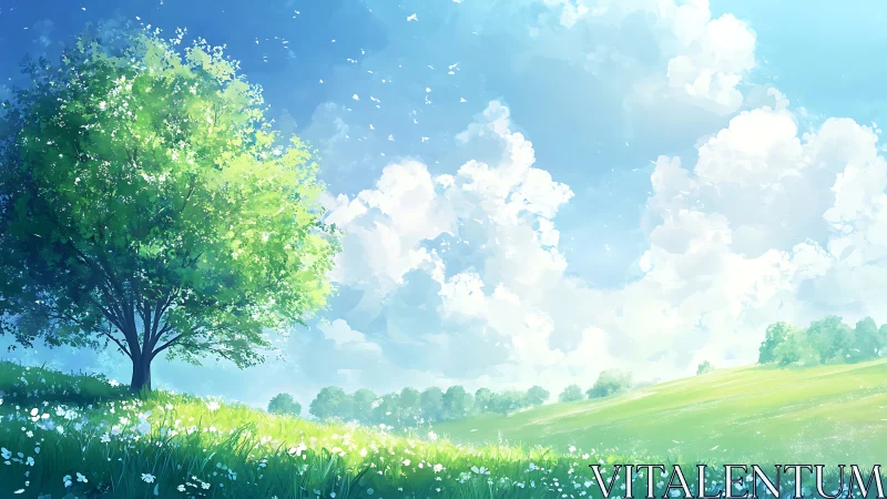 Sunlit lone tree dreaming under a vast cotton sky.