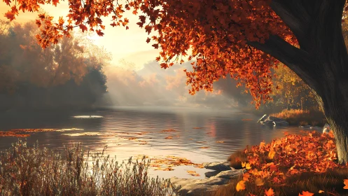 Golden autumn river glows softly beneath gentle morning light
