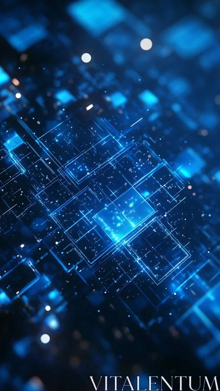 Glowing digital squares drift gently through a deep blue grid