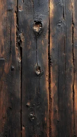 Charred vertical wooden planks with knots and surface wear.