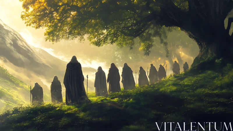 Cloaked wanderers crossing a sunlit, enchanted valley.