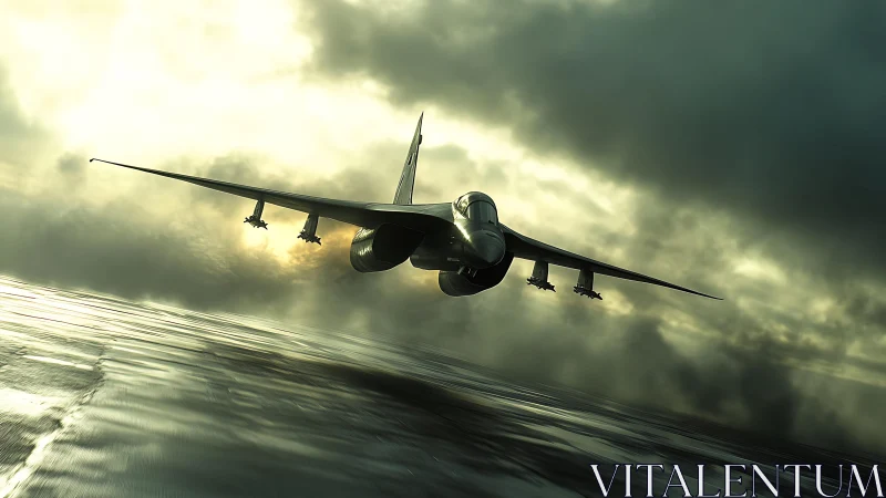 Stormlit fighter jet slices through metallic sky at dusk