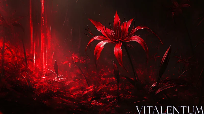 Red lily stands in high-contrast dark digital environment