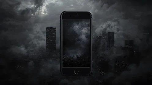 Smartphone floating over dark, fog covered city skyline.