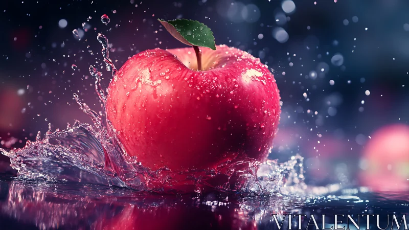 Crimson apple explodes through water in a jewel-toned splash