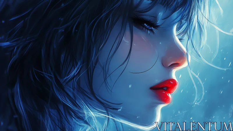 Blue-lit profile portrait isolates red-lipped melancholy gaze