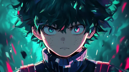 Intense anime portrait with neon rim lighting and dynamic bokeh field