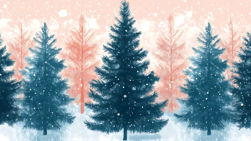 Digital winter forest with layered evergreen silhouettes.