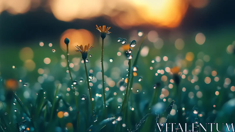 Wildflowers covered in dewdrops at sunrise with golden bokeh background.