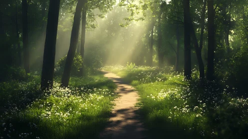 Sunlit forest path with wildflowers, serene nature landscape.