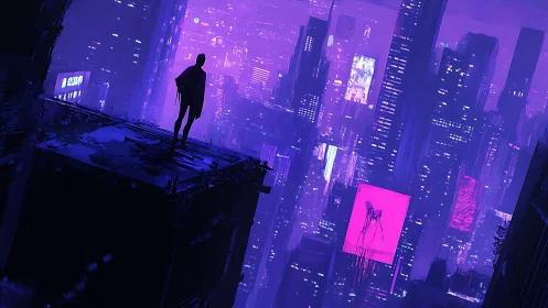 Lone figure overlooking neon drenched cyberpunk skyline.