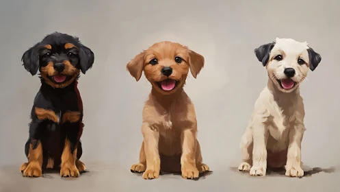 Three happy puppies sitting side by side in a studio