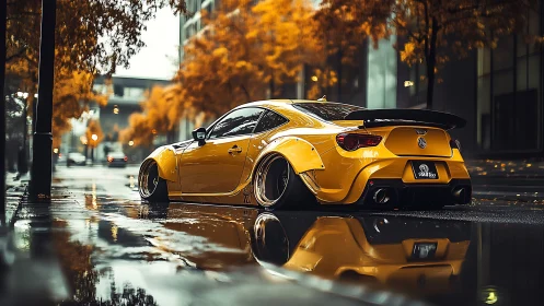 Widebody yellow coupe on wet city street with autumn foliage