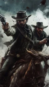Dynamic digital painting of outlaw gunslingers on horseback.