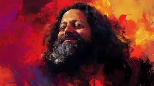 Joyful bearded man basks in warm, fiery abstract light