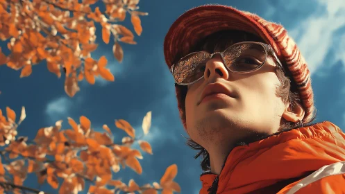 Youthful figure in autumn tones beneath vivid blue sky.