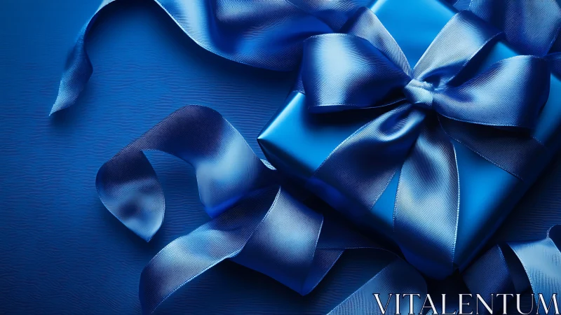 Blue satin ribbons and bows arranged on solid blue background surface.