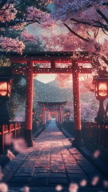 Cherry blossoms drift gently along a lantern lit torii path