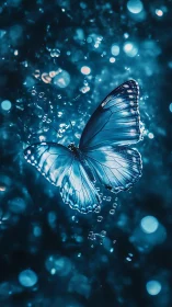 Blue butterfly wings lit against sparkling bokeh field.