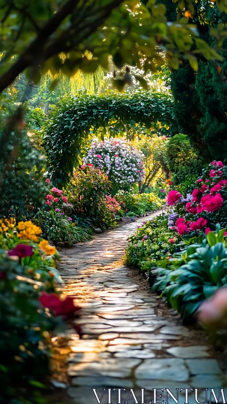 Stone garden path with flowering borders under green archway.