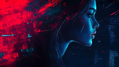 Neon-coded dreamer drifts between crimson noise and data night