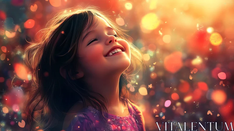 Smiling child bathes in glowing bokeh lights of pure joy