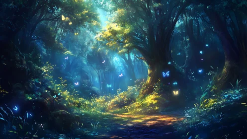 Illuminated forest corridor with bioluminescent organisms.