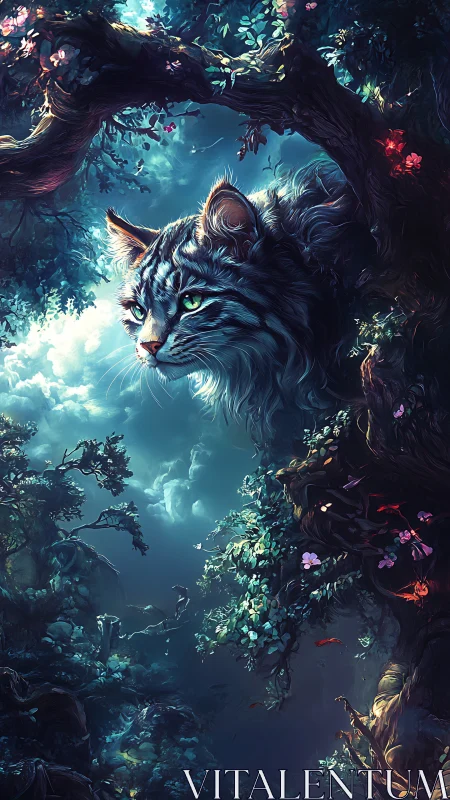 Forest sky sentinel cat drifts between boughs and clouds.