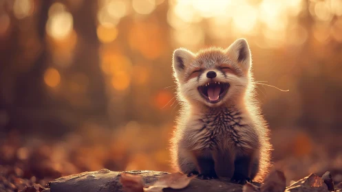 Photorealistic fox kit portrait in warm autumn backlight.