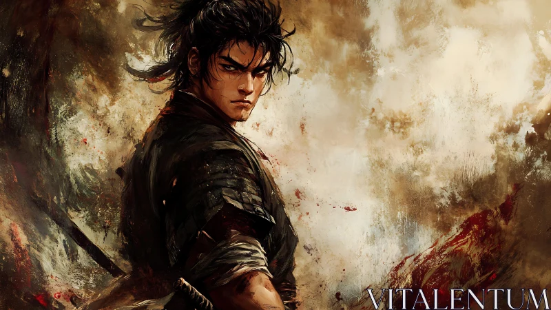 Samurai warrior stands in profile amid swirling painted dust