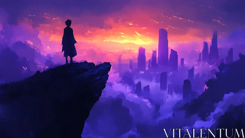 Lone silhouette watches neon-tinted city at sunrise.