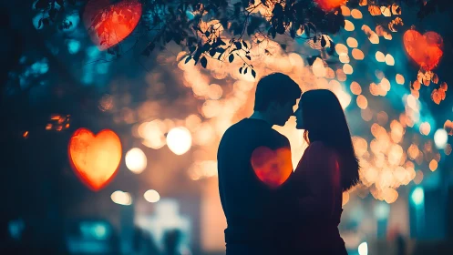 Silhouetted couple embracing beneath bokeh-rendered foliage with warm-to-cool chromatic gradient
