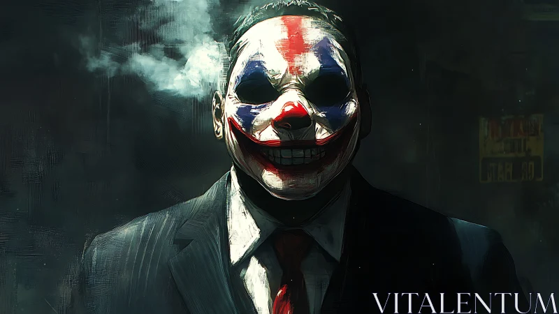Sinister clown mask on suited figure in smoke-filled scene.