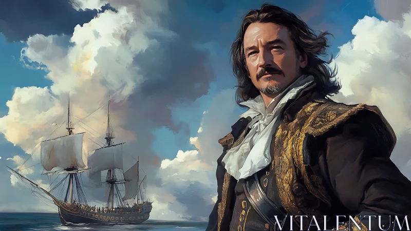 Naval officer portrait with sailing ship under clouded sky.