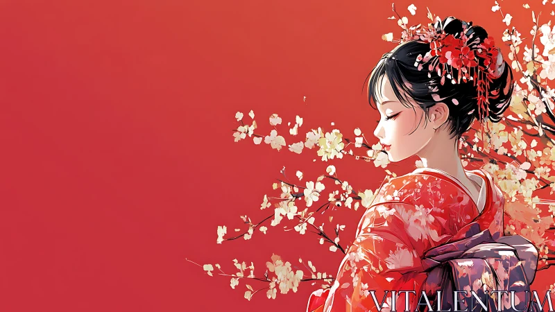 Profile view shows woman in kimono amid stylized blossoms