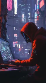 Hooded cybercity coder quietly works under neon night lights