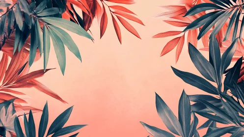 Coral dusk canopy of tropical leaves framing quiet air.