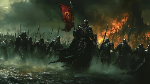 Armored legion advances through burning citadel fog.