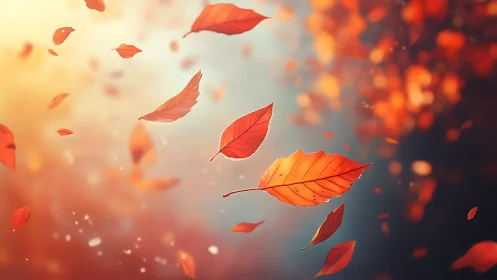 Autumn leaves swirl in warm light against a dreamy sky